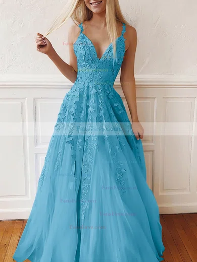 A-line V-neck Tulle Lace Sweep Train Appliques Lace Prom Dresses #Favs020107939