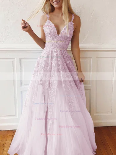 A-line V-neck Tulle Lace Sweep Train Appliques Lace Prom Dresses #Favs020107939