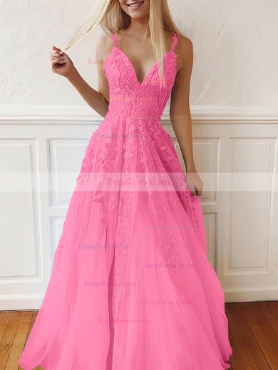 A-line V-neck Tulle Lace Sweep Train Appliques Lace Prom Dresses #Favs020107939