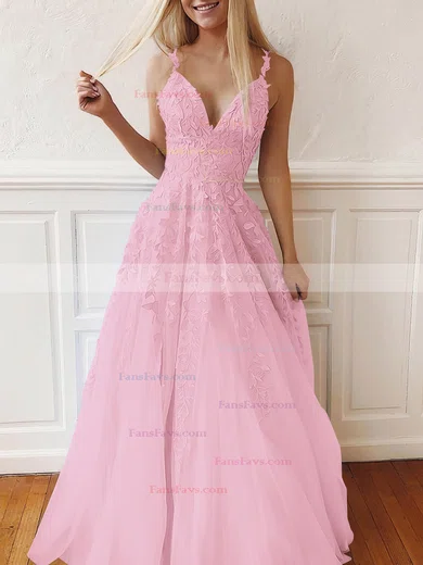 A-line V-neck Tulle Lace Sweep Train Appliques Lace Prom Dresses #Favs020107939