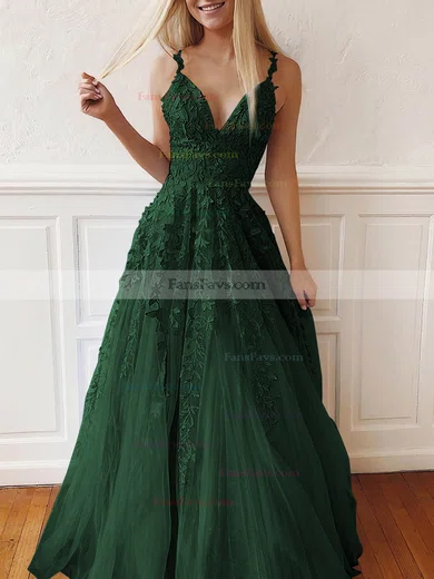 A-line V-neck Tulle Lace Sweep Train Appliques Lace Prom Dresses #Favs020107939