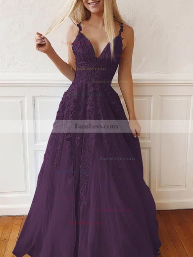 A-line V-neck Tulle Lace Sweep Train Appliques Lace Prom Dresses #Favs020107939