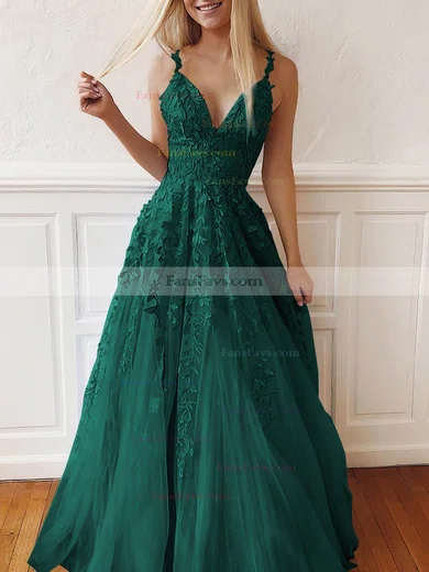 A-line V-neck Tulle Lace Sweep Train Appliques Lace Prom Dresses #Favs020107939