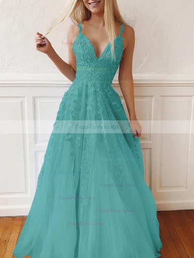 A-line V-neck Tulle Lace Sweep Train Appliques Lace Prom Dresses #Favs020107939
