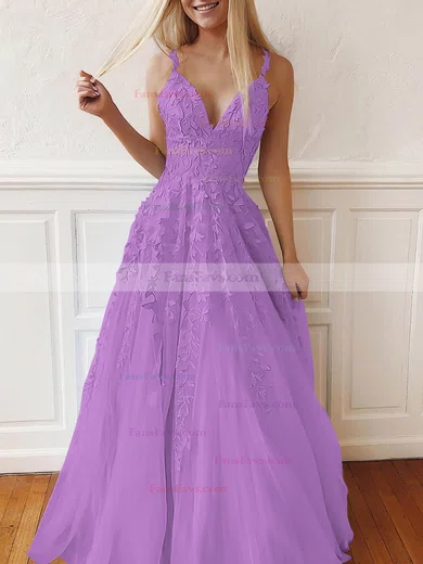 A-line V-neck Tulle Lace Sweep Train Appliques Lace Prom Dresses #Favs020107939