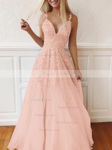 A-line V-neck Tulle Lace Sweep Train Appliques Lace Prom Dresses #Favs020107939