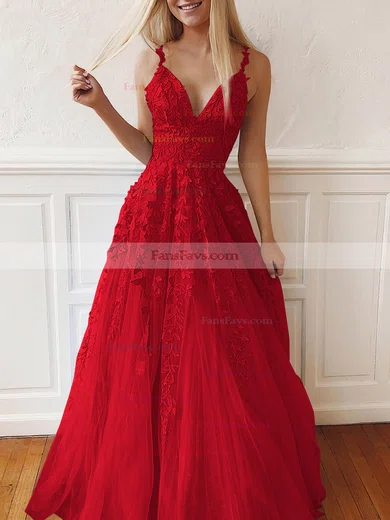 A-line V-neck Tulle Lace Sweep Train Appliques Lace Prom Dresses #Favs020107939