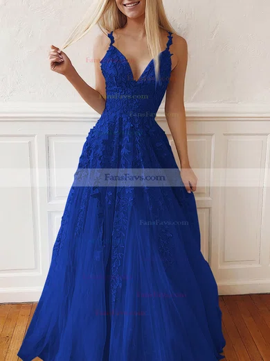 A-line V-neck Tulle Lace Sweep Train Appliques Lace Prom Dresses #Favs020107939