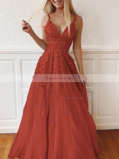 A-line V-neck Tulle Lace Sweep Train Appliques Lace Prom Dresses #Favs020107939