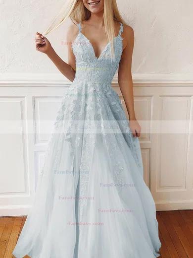 A-line V-neck Tulle Lace Sweep Train Appliques Lace Prom Dresses #Favs020107939