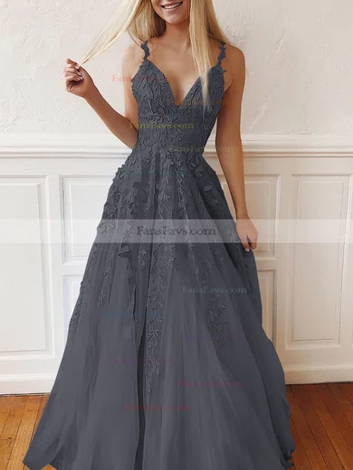 A-line V-neck Tulle Lace Sweep Train Appliques Lace Prom Dresses #Favs020107939