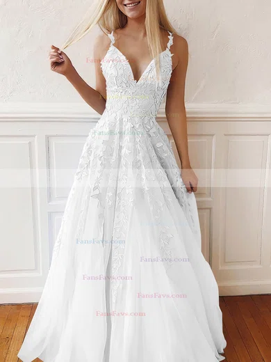 A-line V-neck Tulle Lace Sweep Train Appliques Lace Prom Dresses #Favs020107939