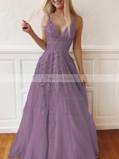 A-line V-neck Tulle Lace Sweep Train Appliques Lace Prom Dresses #Favs020107939