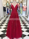 A-line V-neck Tulle Lace Sweep Train Appliques Lace Prom Dresses #Favs020107939