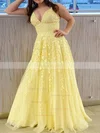 A-line V-neck Tulle Lace Sweep Train Appliques Lace Prom Dresses #Favs020107939
