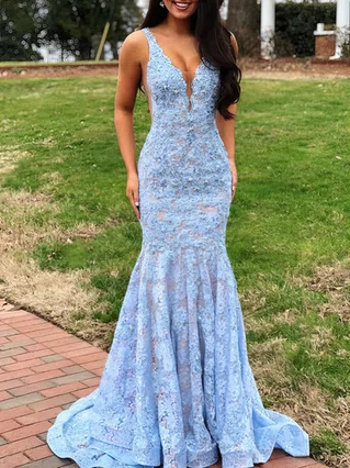 Trumpet/Mermaid V-neck Lace Sweep Train Appliques Lace Prom Dresses #Favs020107940 Trumpet/Mermaid V-neck Lace Sweep Train Appliques Lace Prom Dresses #Favs020107940