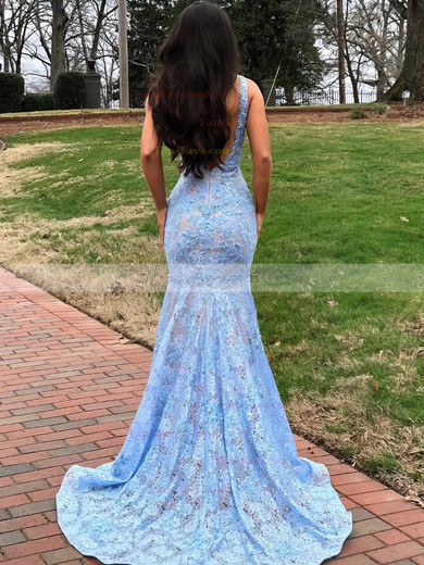 Trumpet/Mermaid V-neck Lace Sweep Train Appliques Lace Prom Dresses #Favs020107940
