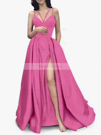 A-line V-neck Satin Sweep Train Pockets Prom Dresses #Favs020107941