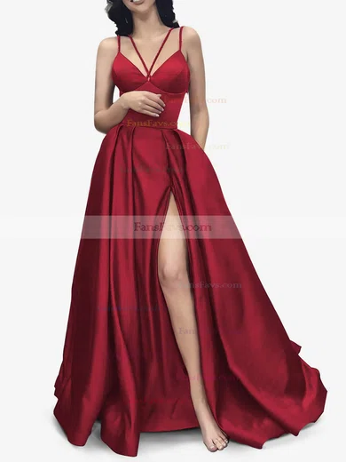 A-line V-neck Satin Sweep Train Pockets Prom Dresses #Favs020107941
