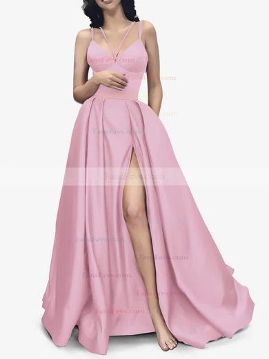 A-line V-neck Satin Sweep Train Pockets Prom Dresses #Favs020107941