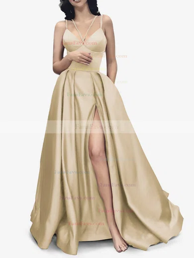 A-line V-neck Satin Sweep Train Pockets Prom Dresses #Favs020107941