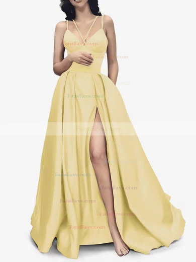 A-line V-neck Satin Sweep Train Pockets Prom Dresses #Favs020107941