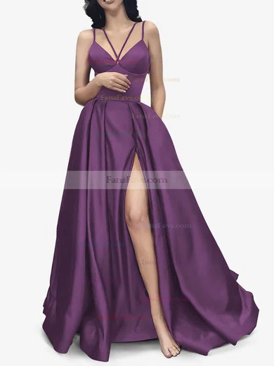 A-line V-neck Satin Sweep Train Pockets Prom Dresses #Favs020107941