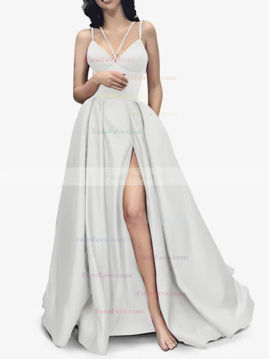 A-line V-neck Satin Sweep Train Pockets Prom Dresses #Favs020107941