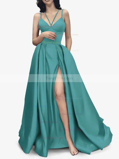 A-line V-neck Satin Sweep Train Pockets Prom Dresses #Favs020107941