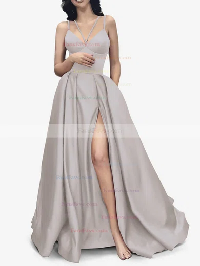 A-line V-neck Satin Sweep Train Pockets Prom Dresses #Favs020107941