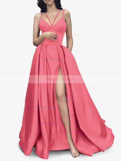 A-line V-neck Satin Sweep Train Pockets Prom Dresses #Favs020107941