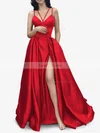 A-line V-neck Satin Sweep Train Pockets Prom Dresses #Favs020107941