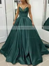 A-line V-neck Satin Sweep Train Pockets Prom Dresses #Favs020107941