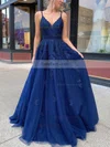 A-line V-neck Tulle Lace Sweep Train Beading Prom Dresses #Favs020107943