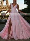 A-line V-neck Silk-like Satin Sweep Train Split Front Prom Dresses #Favs020107945