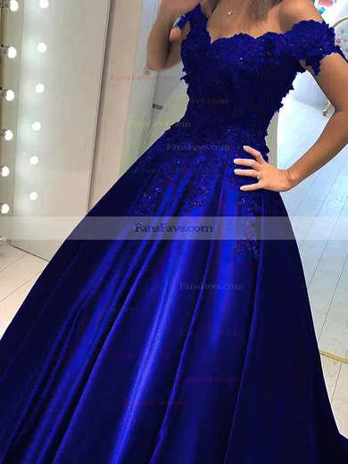 Ball Gown Off-the-shoulder Satin Lace Sweep Train Beading Prom Dresses #Favs020107946