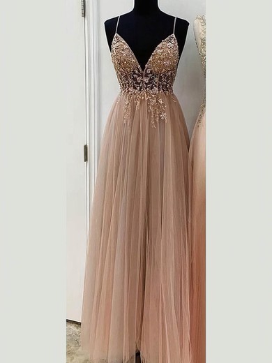 A-line V-neck Tulle Sweep Train Appliques Lace Prom Dresses #Favs020107947