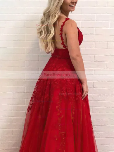 A-line V-neck Lace Tulle Sweep Train Appliques Lace Prom Dresses #Favs020107949