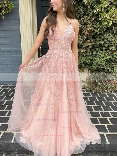 A-line V-neck Lace Tulle Sweep Train Appliques Lace Prom Dresses #Favs020107949