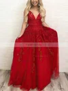 A-line V-neck Lace Tulle Sweep Train Appliques Lace Prom Dresses #Favs020107949