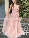 A-line V-neck Lace Tulle Sweep Train Appliques Lace Prom Dresses #Favs020107949