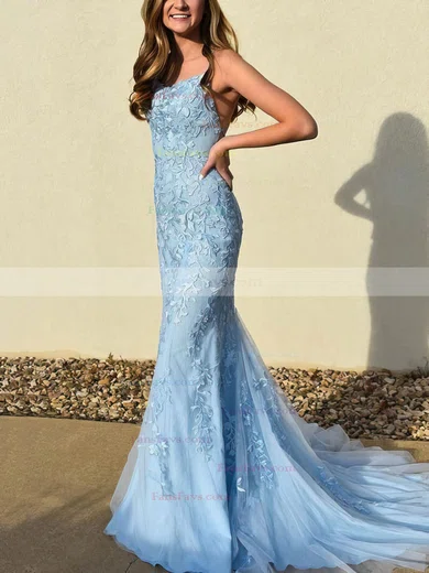 Trumpet/Mermaid Square Neckline Lace Tulle Sweep Train Beading Prom Dresses #Favs020107951