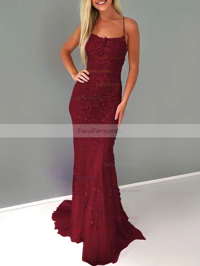 Trumpet/Mermaid Square Neckline Lace Tulle Sweep Train Beading Prom Dresses #Favs020107951