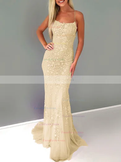Trumpet/Mermaid Square Neckline Lace Tulle Sweep Train Beading Prom Dresses #Favs020107951