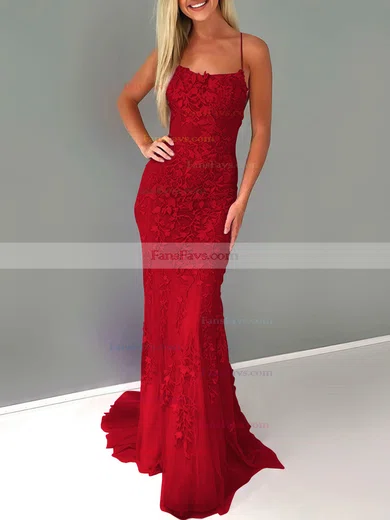 Trumpet/Mermaid Square Neckline Lace Tulle Sweep Train Beading Prom Dresses #Favs020107951