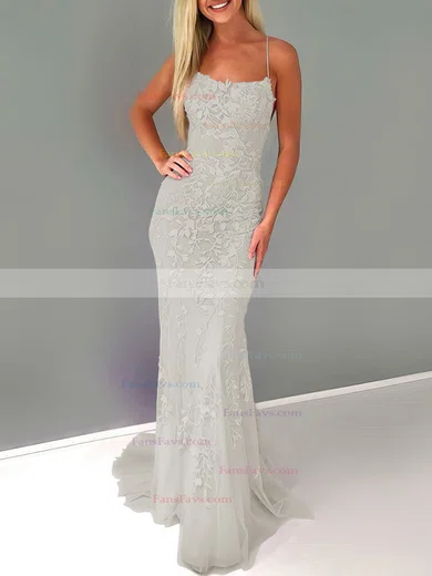Trumpet/Mermaid Square Neckline Lace Tulle Sweep Train Beading Prom Dresses #Favs020107951