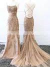 Trumpet/Mermaid Square Neckline Lace Tulle Sweep Train Beading Prom Dresses #Favs020107951