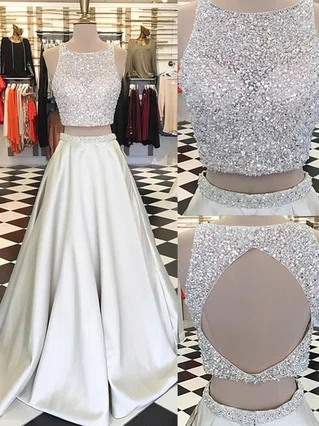 A-line Scoop Neck Satin Floor-length Beading Prom Dresses #Favs020104590