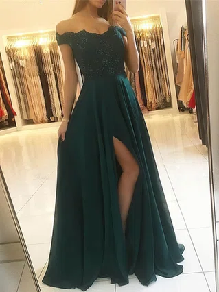 A-line Off-the-shoulder Lace Chiffon Sweep Train Beading Prom Dresses #Favs020107956 A-line Off-the-shoulder Lace Chiffon Sweep Train Beading Prom Dresses #Favs020107956