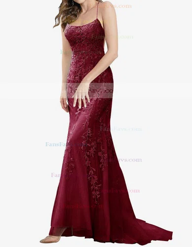 Trumpet/Mermaid Square Neckline Tulle Sweep Train Beading Prom Dresses #Favs020107957